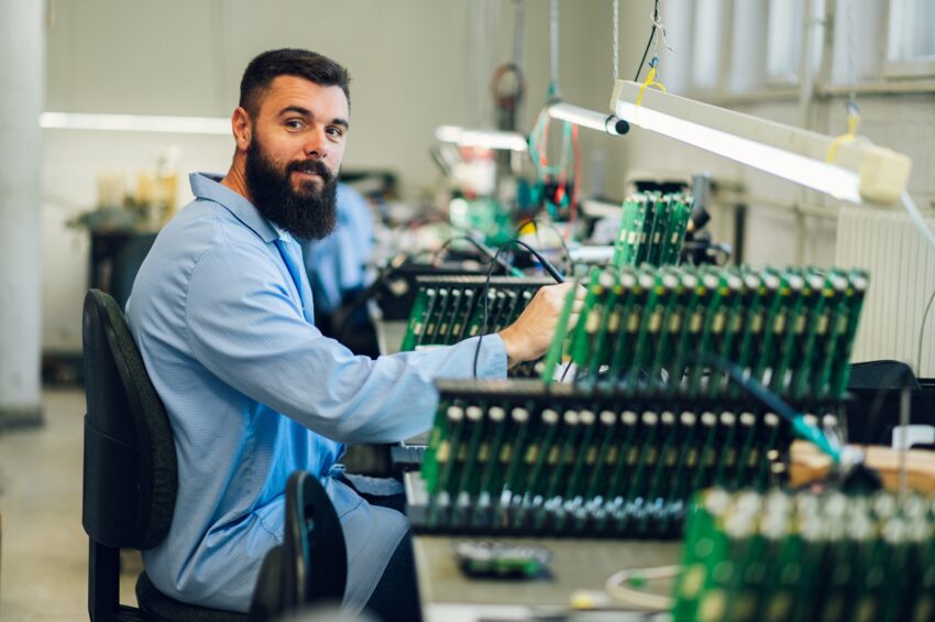 Electronics engineer working in a workshop with tin soldering parts